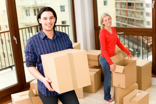 Organised office removals in Ruislip with labelled boxes and furniture